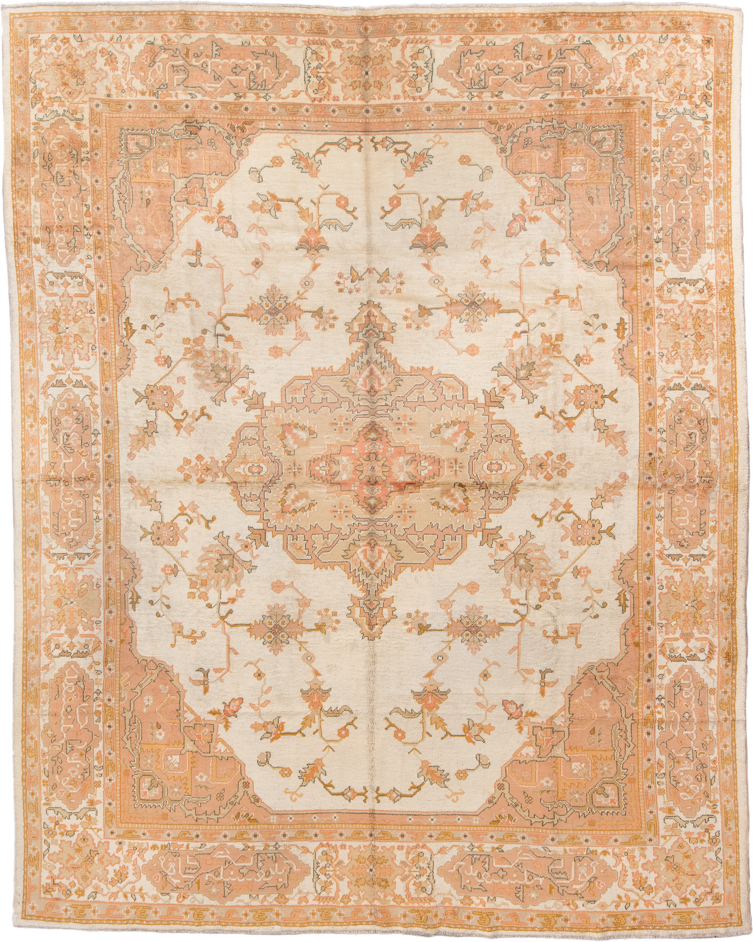 10' x 12' one-of-a-kind handmade antique Oushak large size rug. Color palette: ivory, peach, apricot, muted gold, taupe