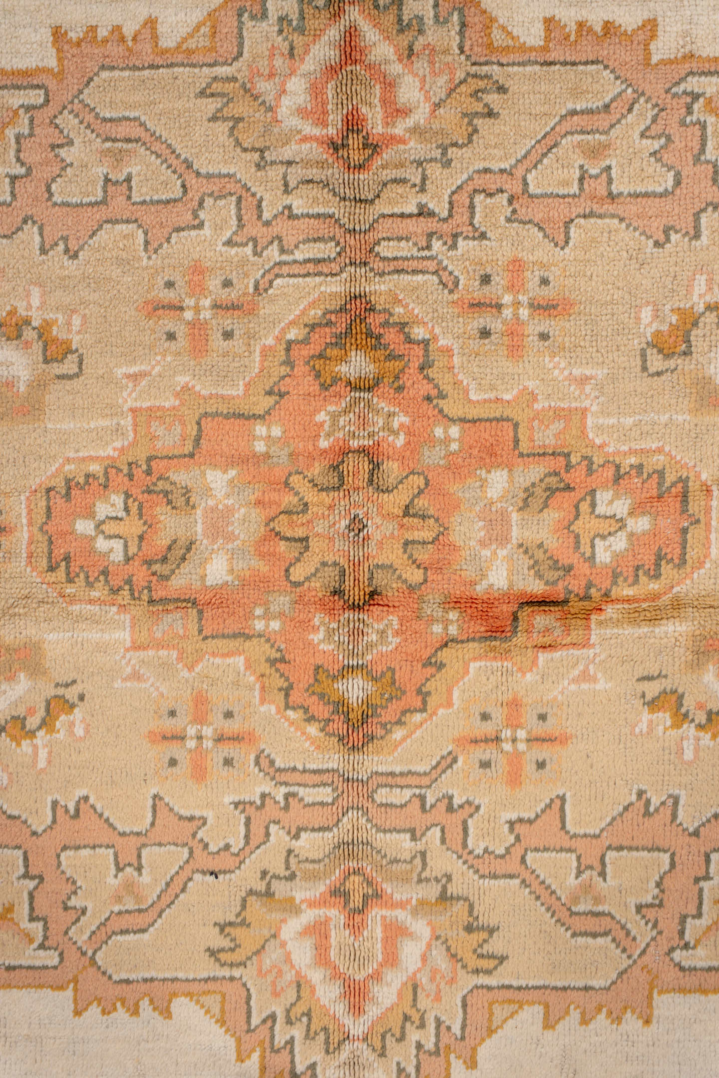 10' x 12' one-of-a-kind handmade antique Oushak large size rug. Color palette: ivory, peach, apricot, muted gold, taupe