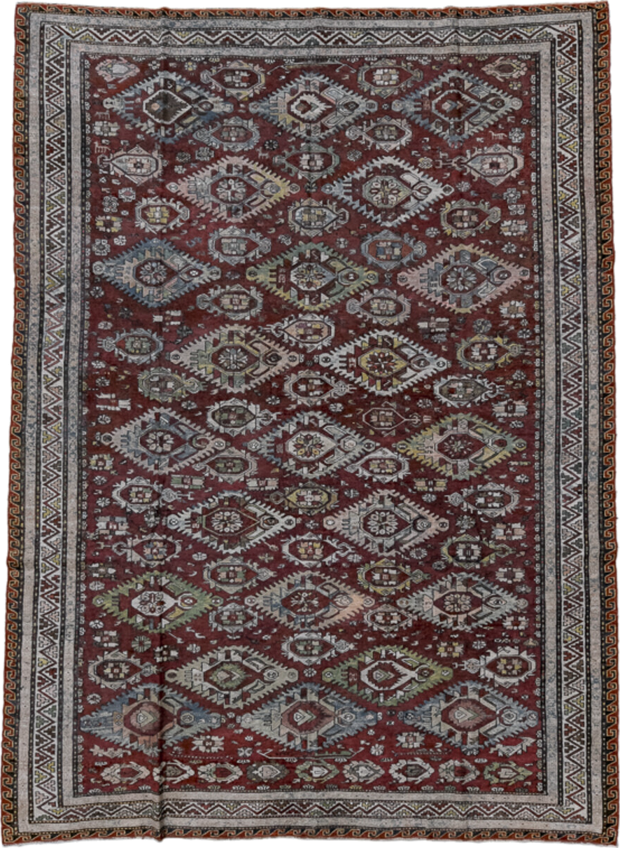 7' x 9' one-of-a-kind handmade antique Sumak rug. Color palette: rust, ivory, slate, sage, gold, charcoal, camel, terracotta