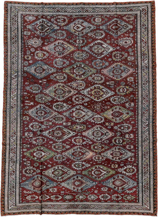7' x 9' one-of-a-kind handmade antique Sumak rug. Color palette: rust, ivory, slate, sage, gold, charcoal, camel, terracotta