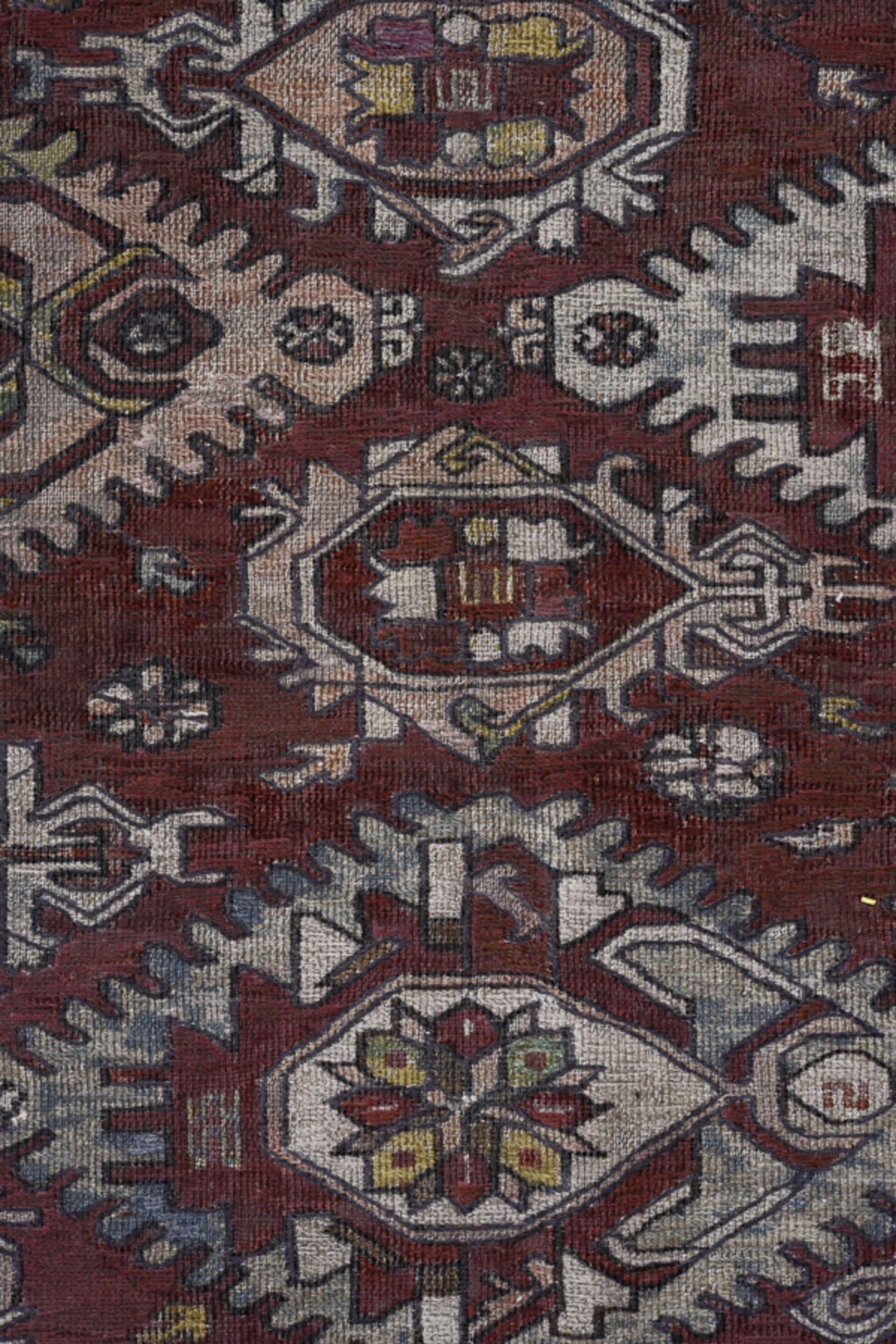 7' x 9' one-of-a-kind handmade antique Sumak rug. Color palette: rust, ivory, slate, sage, gold, charcoal, camel, terracotta