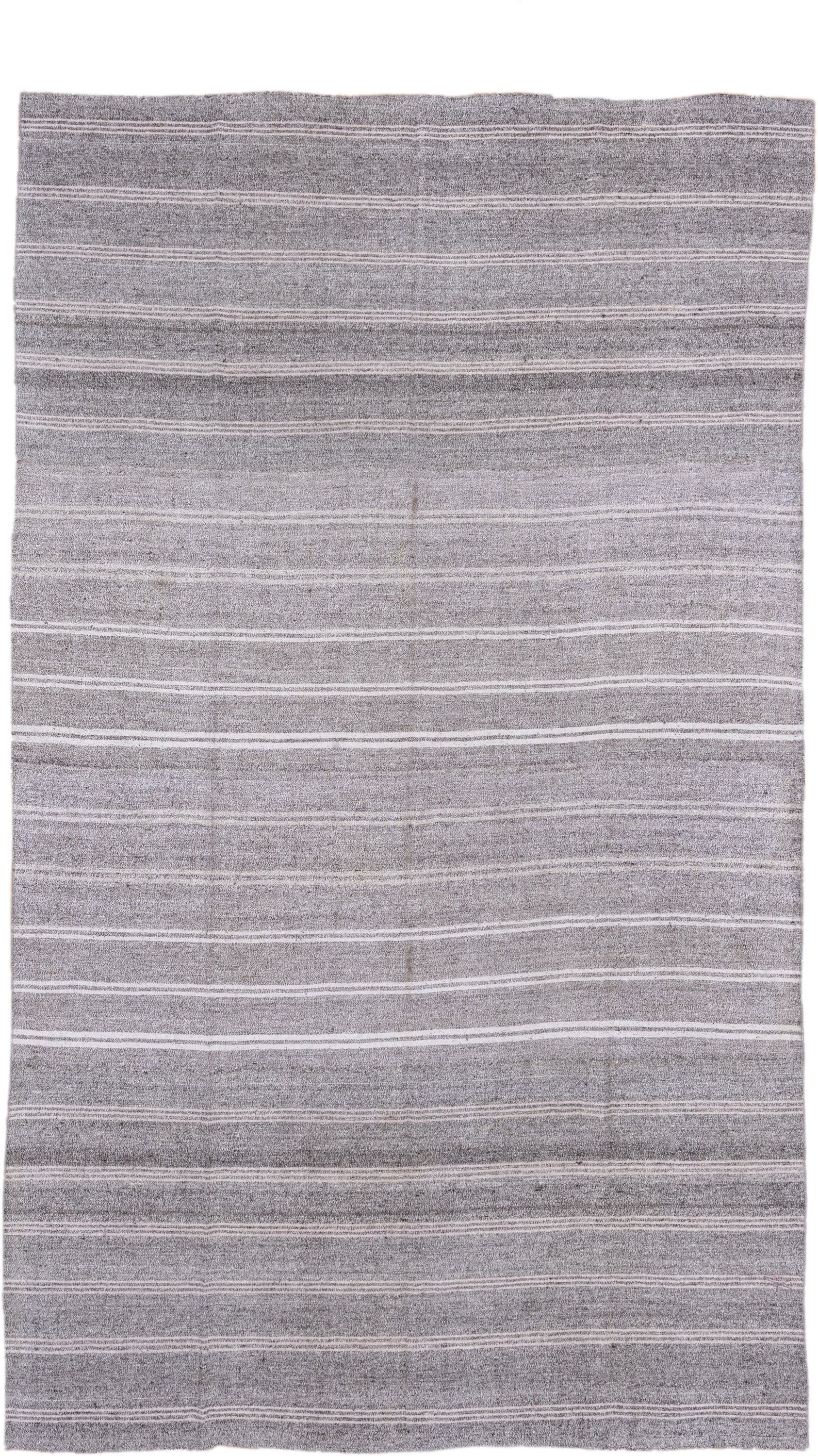 7' x 13' one-of-a-kind handmade vintage Flatweave large size rug. Color palette: gray, ivory, taupe, beige