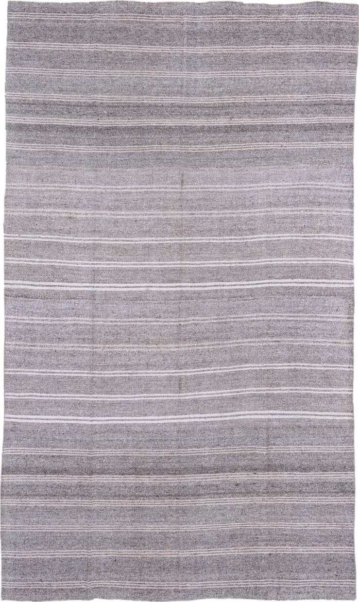 7' x 13' one-of-a-kind handmade vintage Flatweave large size rug. Color palette: gray, ivory, taupe, beige