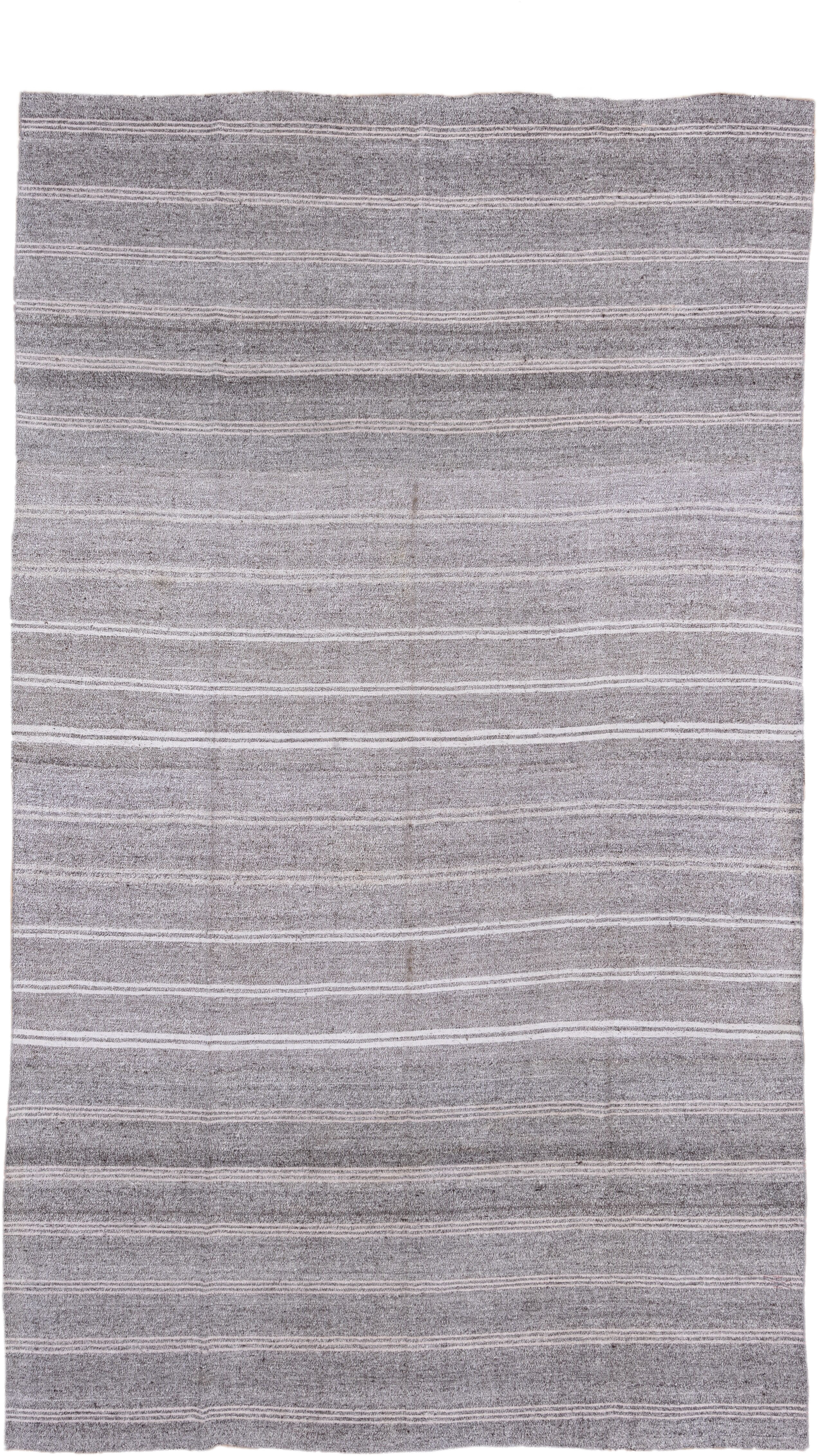 7' x 13' one-of-a-kind handmade vintage Flatweave large size rug. Color palette: gray, ivory, taupe, beige