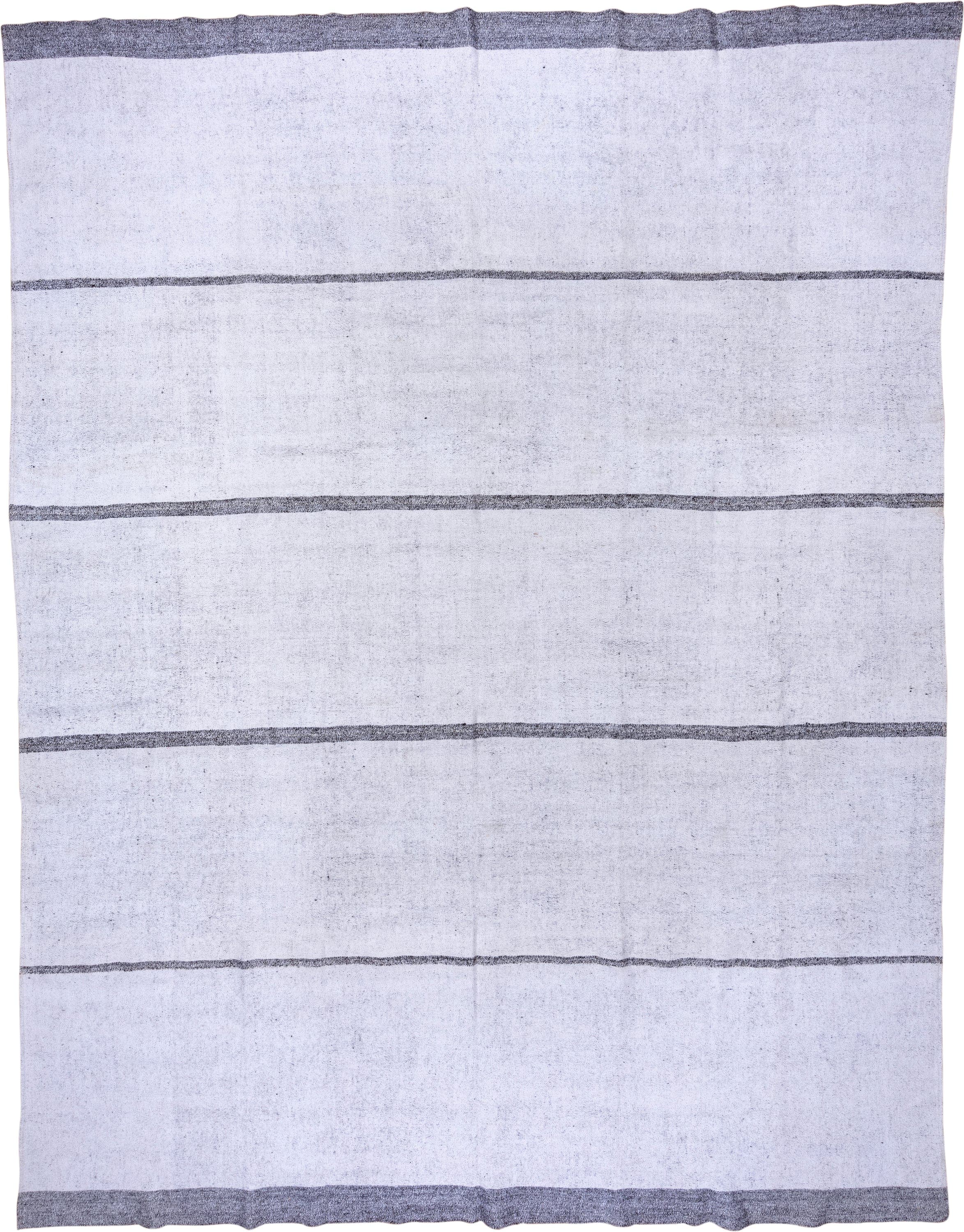 10' x 13' one-of-a-kind handmade vintage Flatweave large size rug. Color palette: ivory, charcoal, gray, black