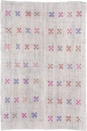 5' x 8' one-of-a-kind handmade antique Flatweave medium size rug. Color palette: ivory, pink, blue, rust, lavender, taupe