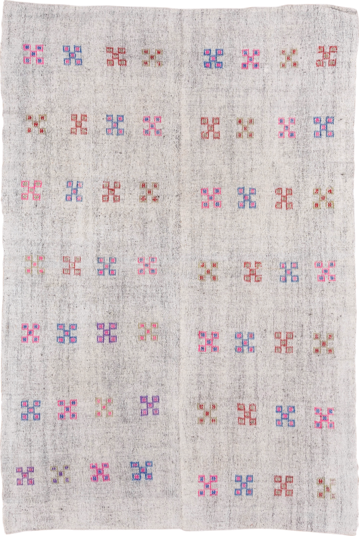 5' x 8' one-of-a-kind handmade antique Flatweave medium size rug. Color palette: ivory, pink, blue, rust, lavender, taupe