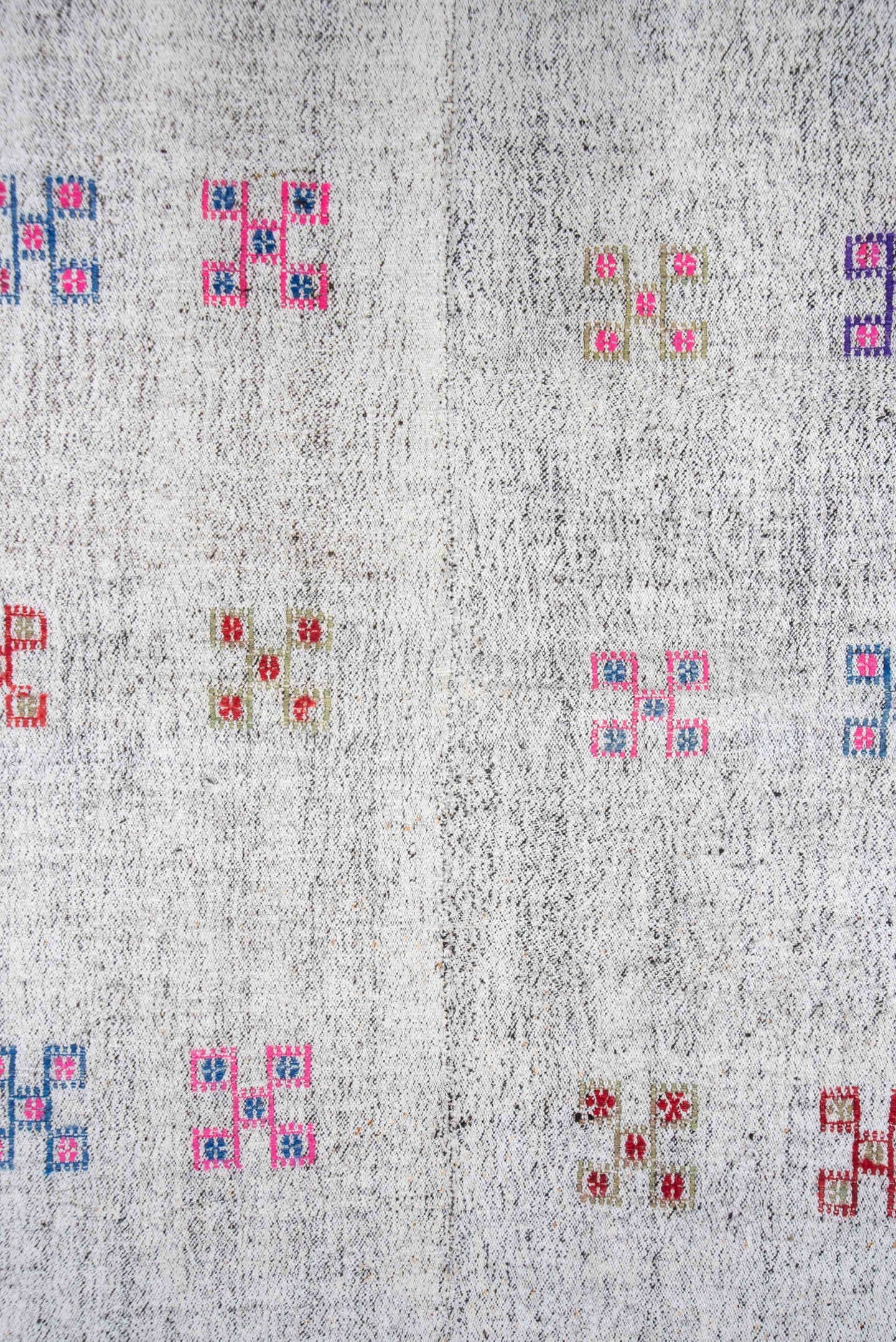 5' x 8' one-of-a-kind handmade antique Flatweave medium size rug. Color palette: ivory, pink, blue, rust, lavender, taupe