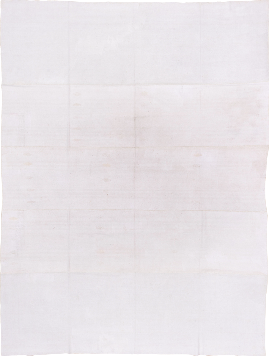 9' x 13' one-of-a-kind handmade vintage Flatweave large size rug. Color palette: ivory, cream, taupe, beige, gray