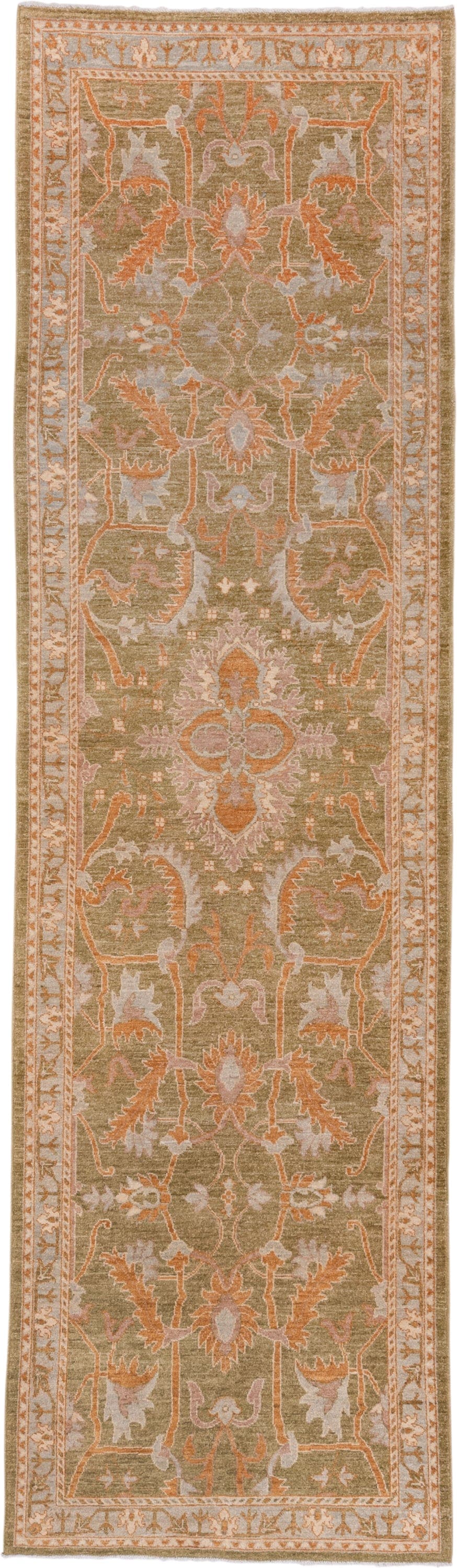 3' x 11' one-of-a-kind handmade vintage Oushak runner rug. Color palette: sage, terra cotta, ivory, blush, taupe, camel