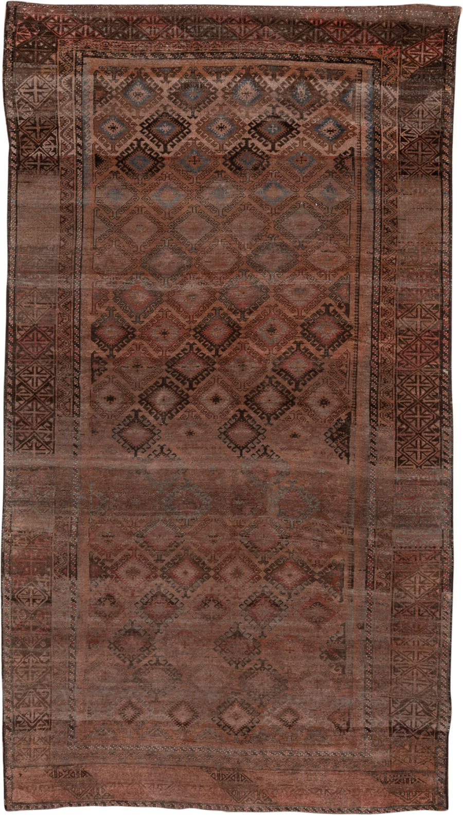6' x 12' one-of-a-kind handmade antique Belouch large size rug. Color palette: rust, brown, charcoal, taupe, rose, slate