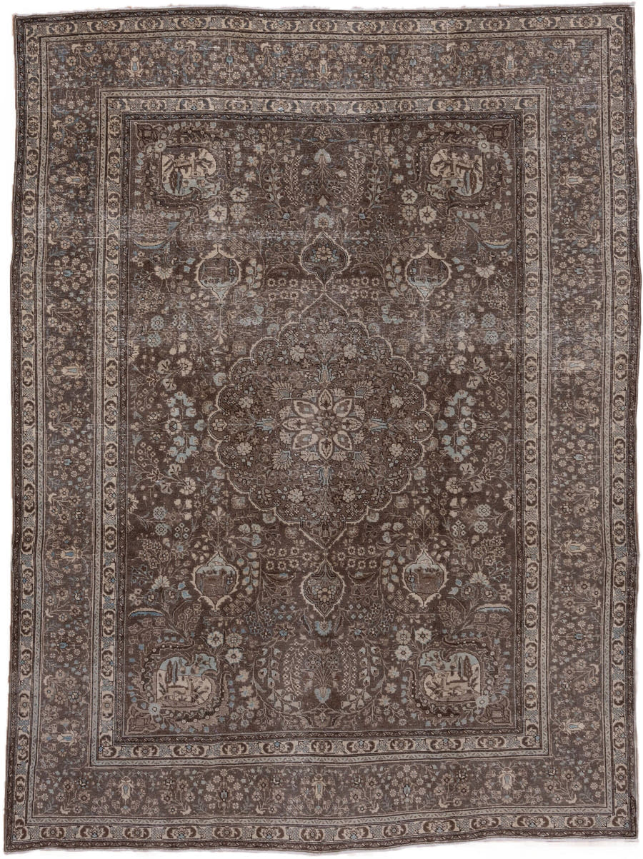 8' x 10' one-of-a-kind handmade antique Sivas large size rug. Color palette: brown, taupe, ivory, slate, pale blue, charcoal