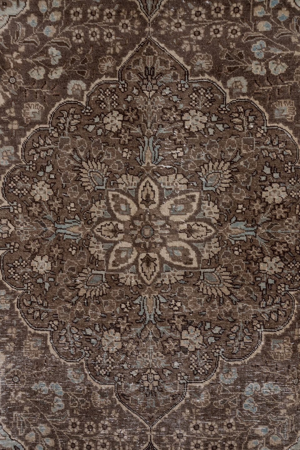 8' x 10' one-of-a-kind handmade antique Sivas large size rug. Color palette: brown, taupe, ivory, slate, pale blue, charcoal