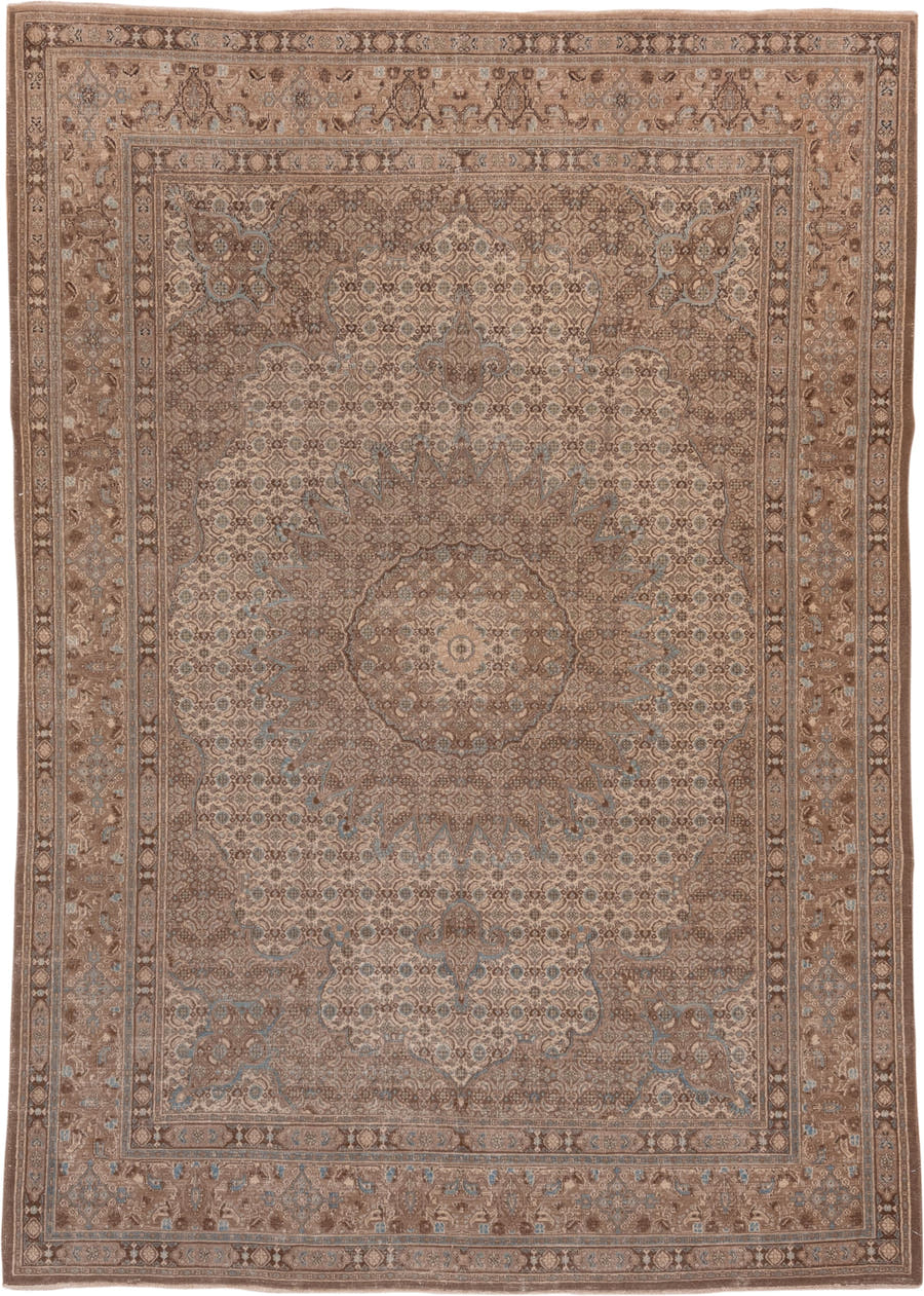 6' x 9' one-of-a-kind handmade antique Tabriz medium size rug. Color palette: taupe, camel, brown, ivory, pale_blue, beige