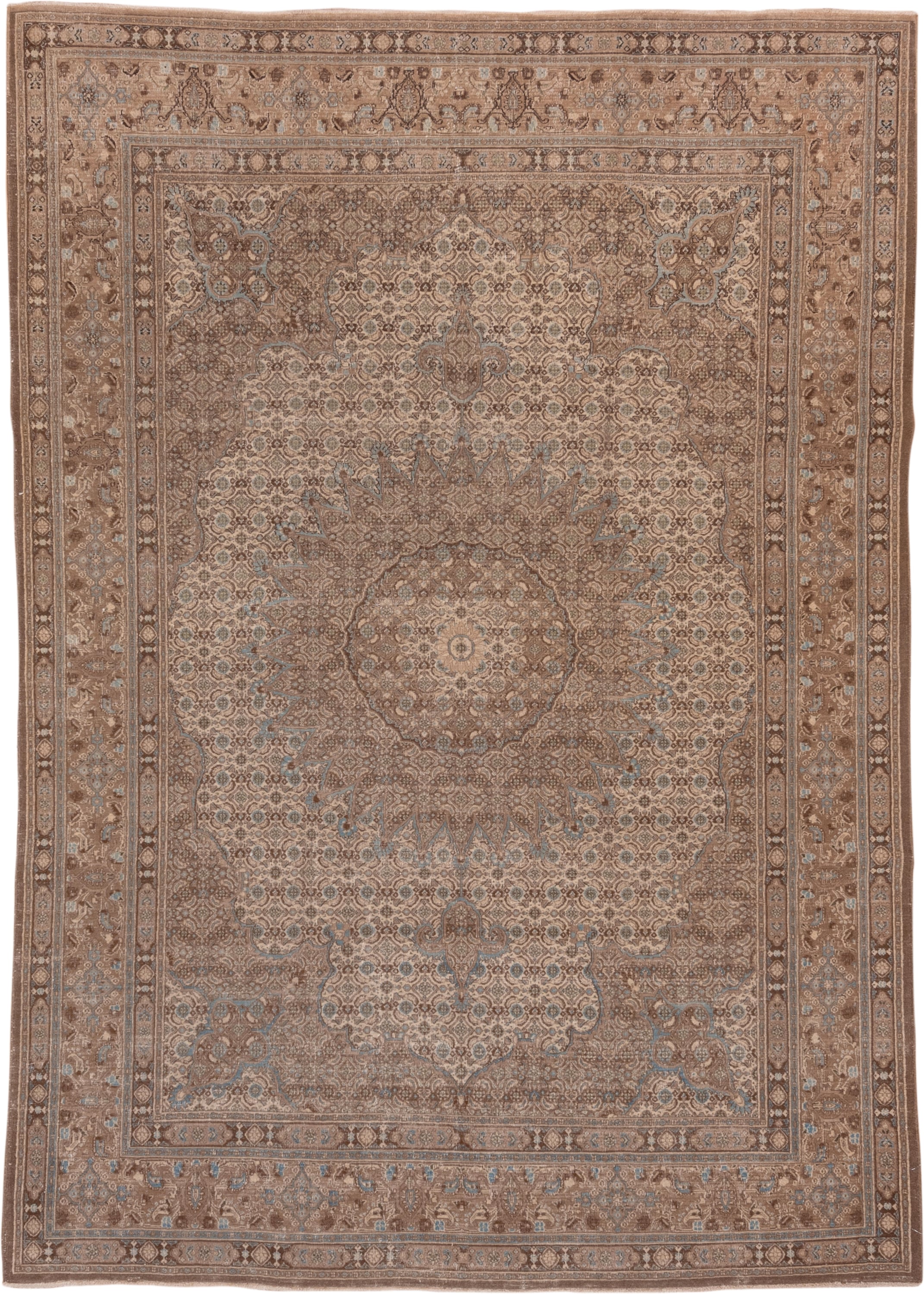 6' x 9' one-of-a-kind handmade antique Tabriz medium size rug. Color palette: taupe, camel, brown, ivory, pale_blue, beige