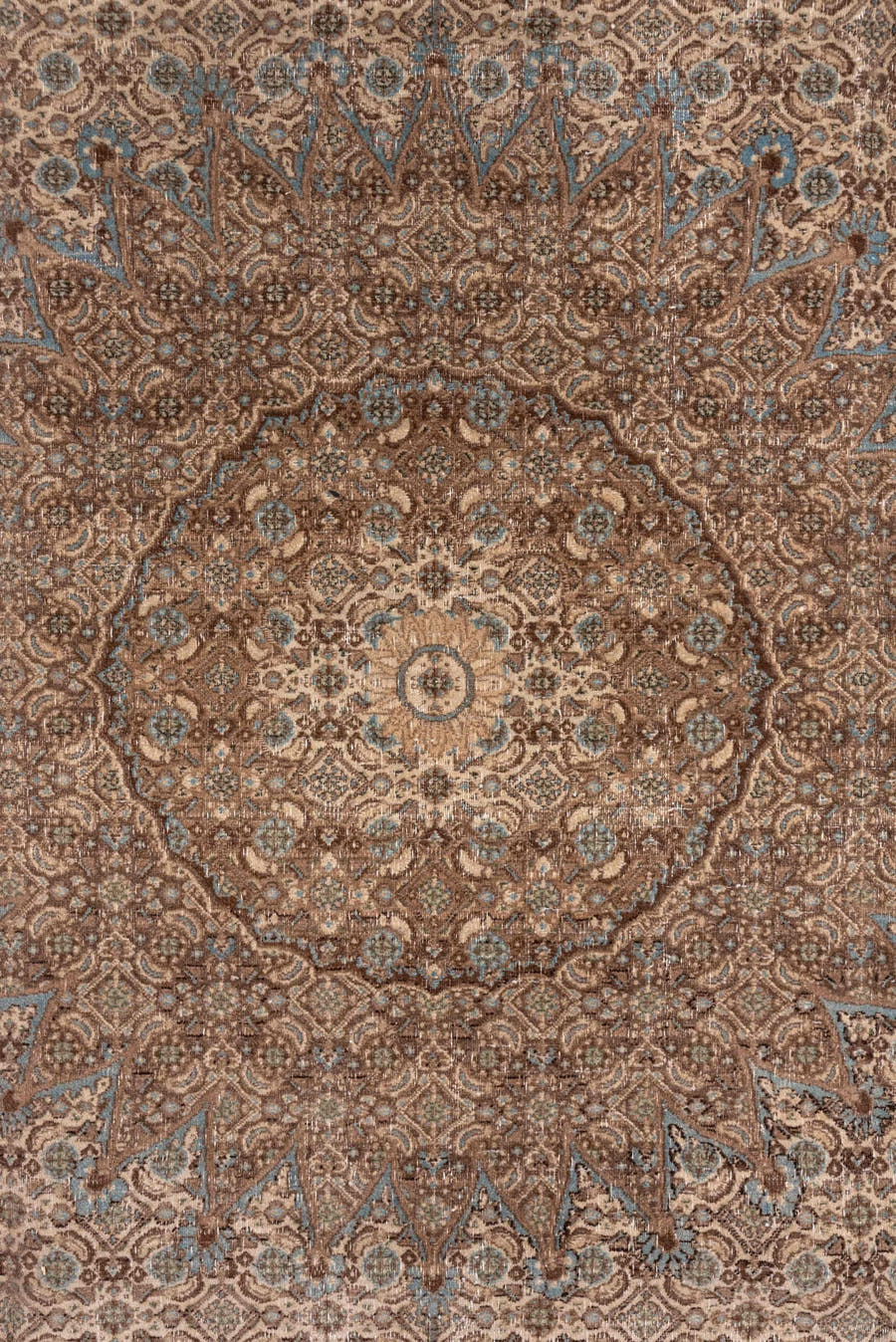 6' x 9' one-of-a-kind handmade antique Tabriz medium size rug. Color palette: taupe, camel, brown, ivory, pale_blue, beige