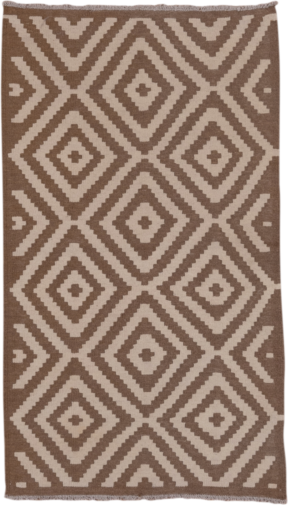 3' x 5' one-of-a-kind handmade vintage Kilim small size rug. Color palette: brown, ivory