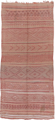 4' x 10' one-of-a-kind handmade vintage Moroccan runner rug. Color palette: blush, rose, dusty pink, taupe, ivory, sand