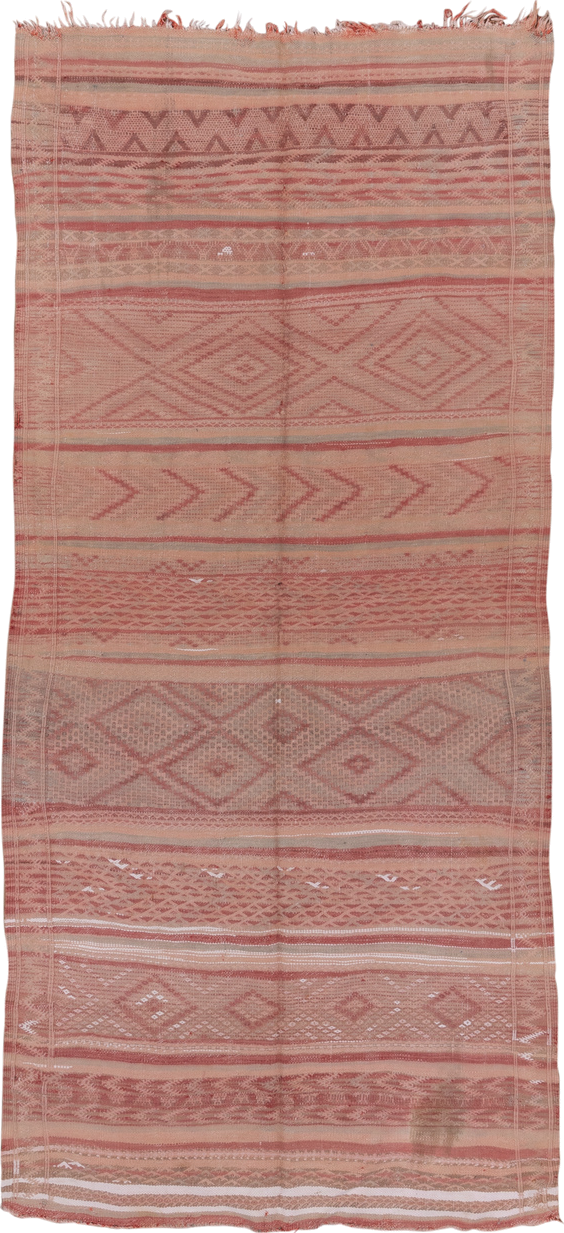 4' x 10' one-of-a-kind handmade vintage Moroccan runner rug. Color palette: blush, rose, dusty pink, taupe, ivory, sand