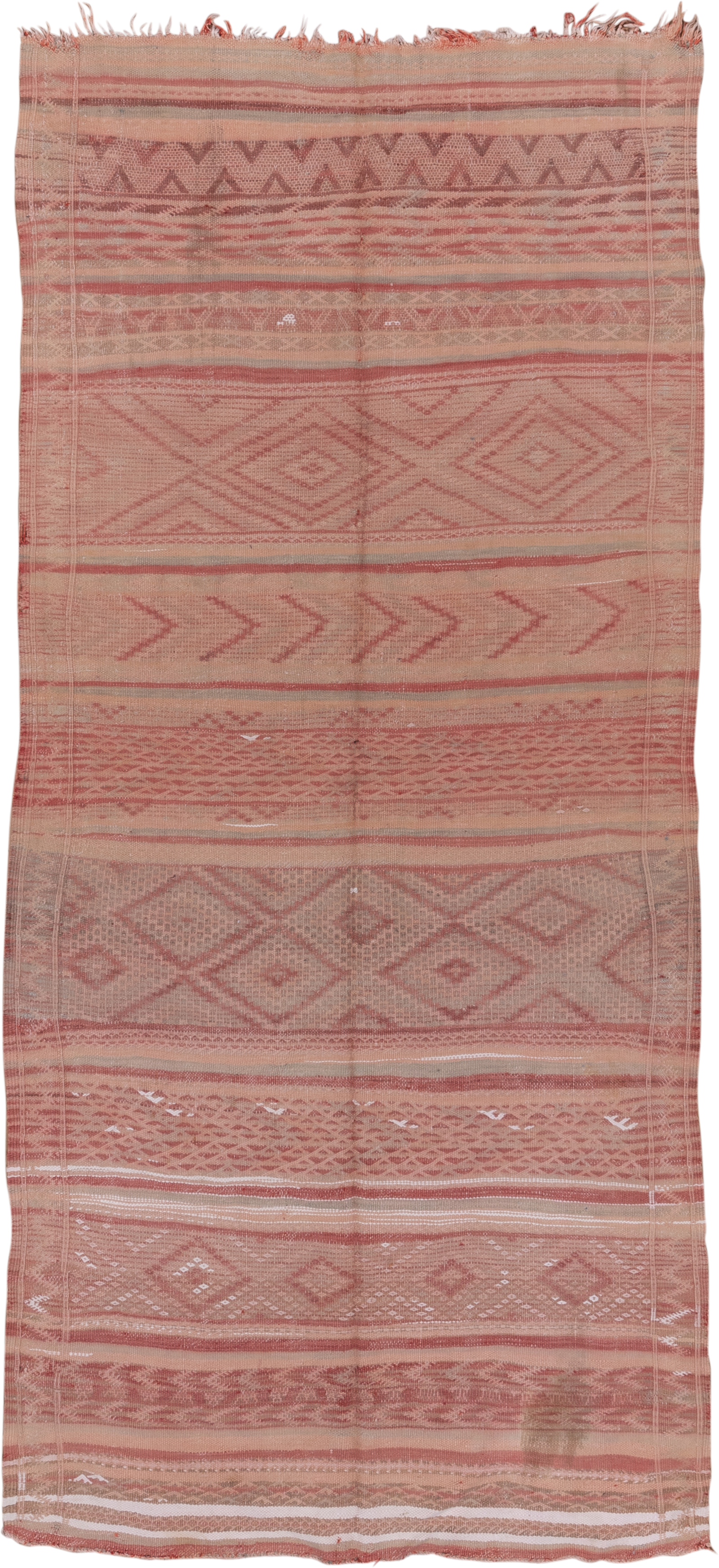 4' x 10' one-of-a-kind handmade vintage Moroccan runner rug. Color palette: blush, rose, dusty pink, taupe, ivory, sand