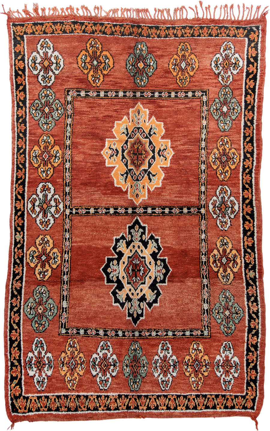 6' x 9' one-of-a-kind handmade vintage Moroccan medium size rug. Color palette: terracotta, black, ivory, gold, sage, rust