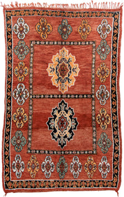 6' x 9' one-of-a-kind handmade vintage Moroccan medium size rug. Color palette: terracotta, black, ivory, gold, sage, rust