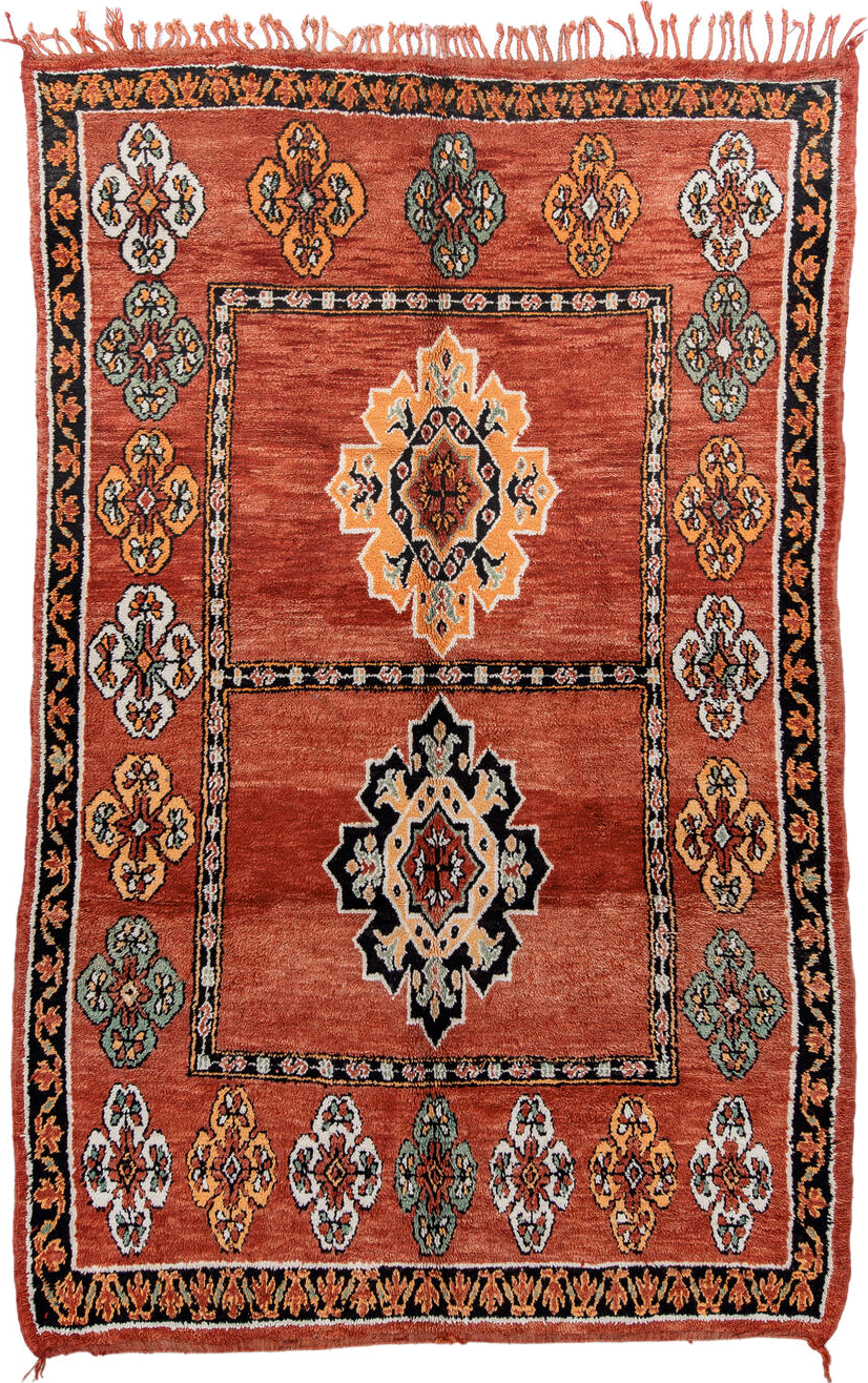 6' x 9' one-of-a-kind handmade vintage Moroccan medium size rug. Color palette: terracotta, black, ivory, gold, sage, rust