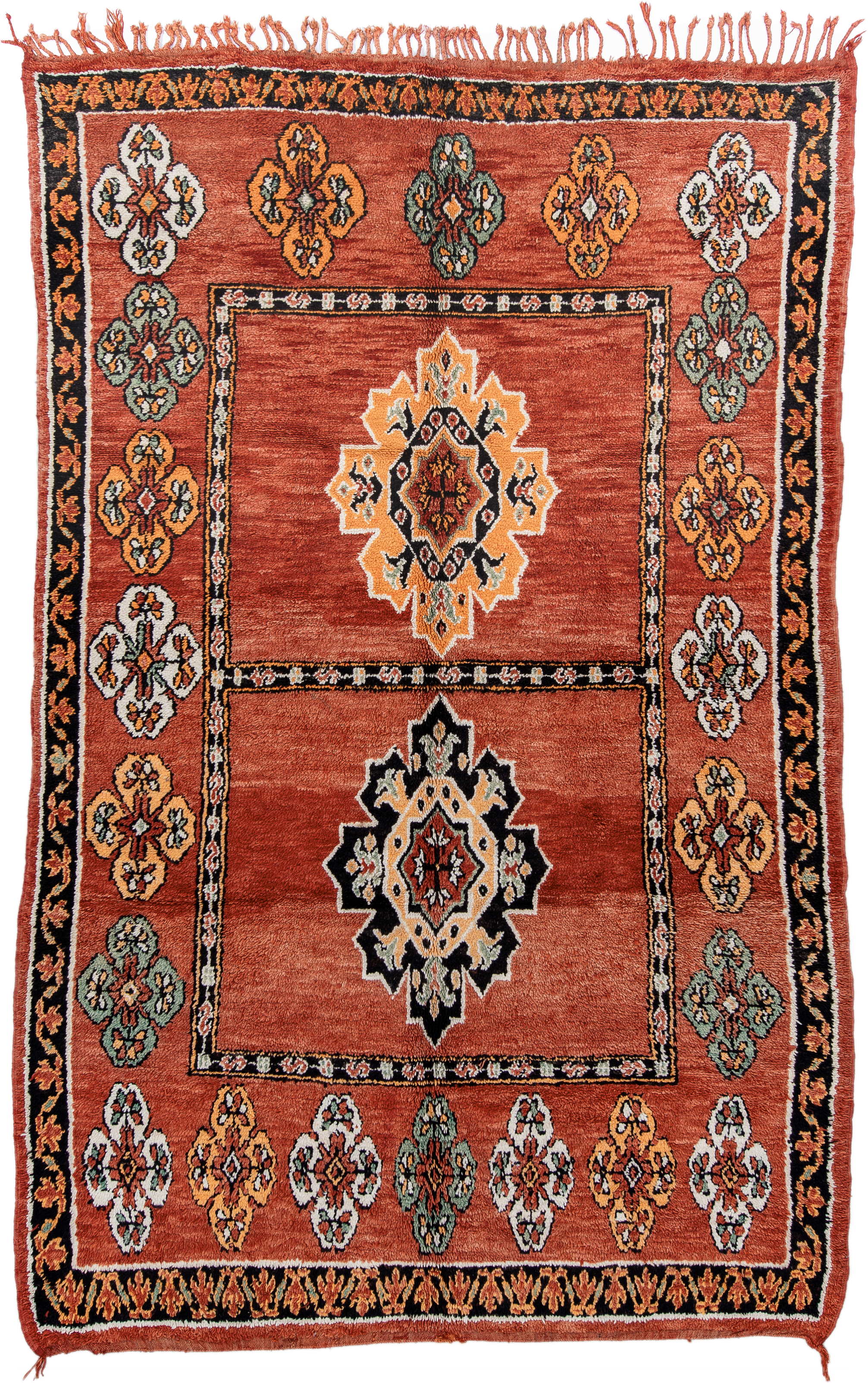 6' x 9' one-of-a-kind handmade vintage Moroccan medium size rug. Color palette: terracotta, black, ivory, gold, sage, rust