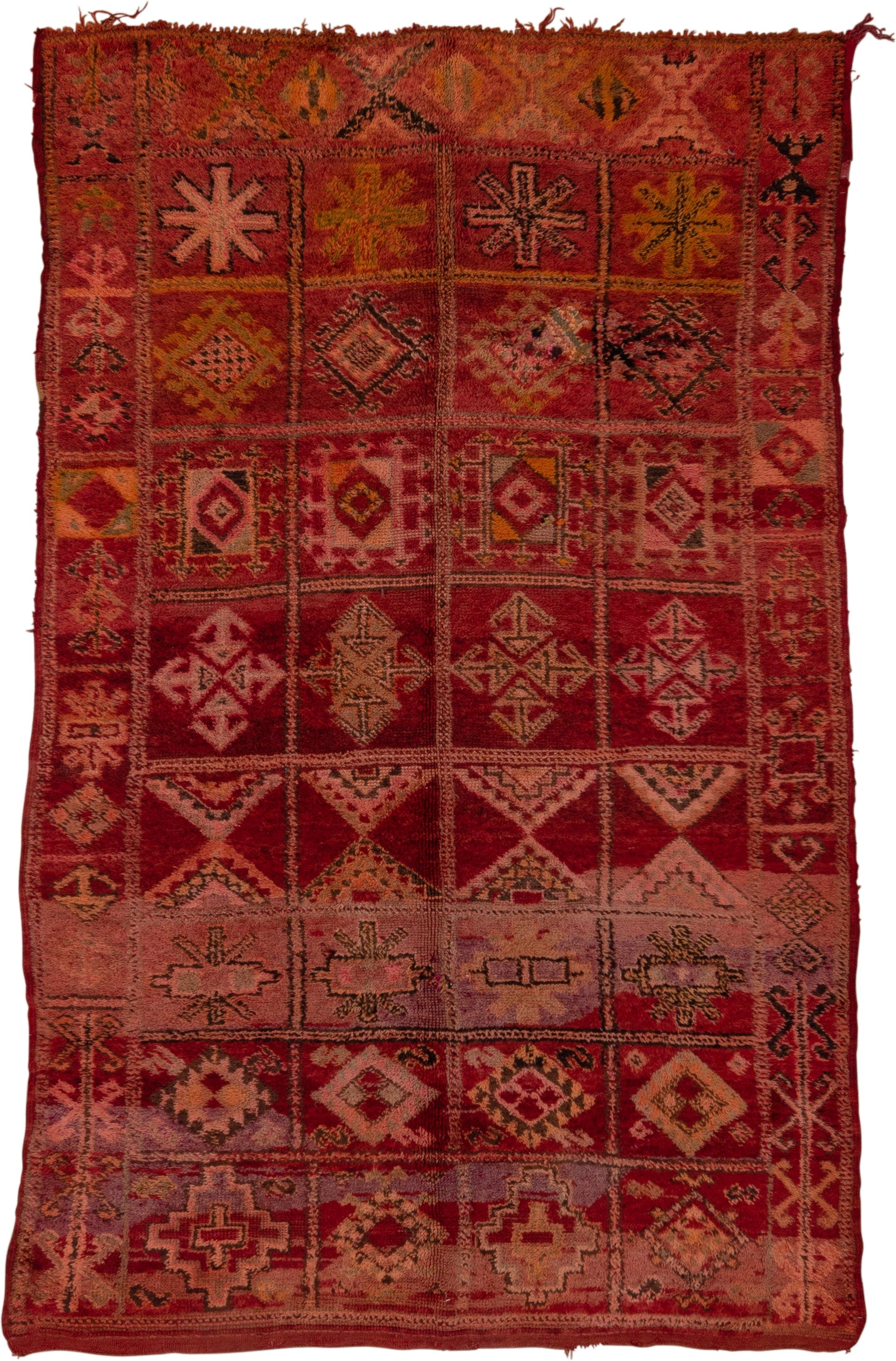 5' x 9' one-of-a-kind handmade vintage Moroccan medium size rug. Color palette: rust, rose, blush, burgundy, muted gold