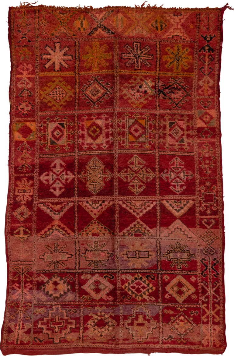 5' x 9' one-of-a-kind handmade vintage Moroccan medium size rug. Color palette: brown, gray, light gray, off-white, pink