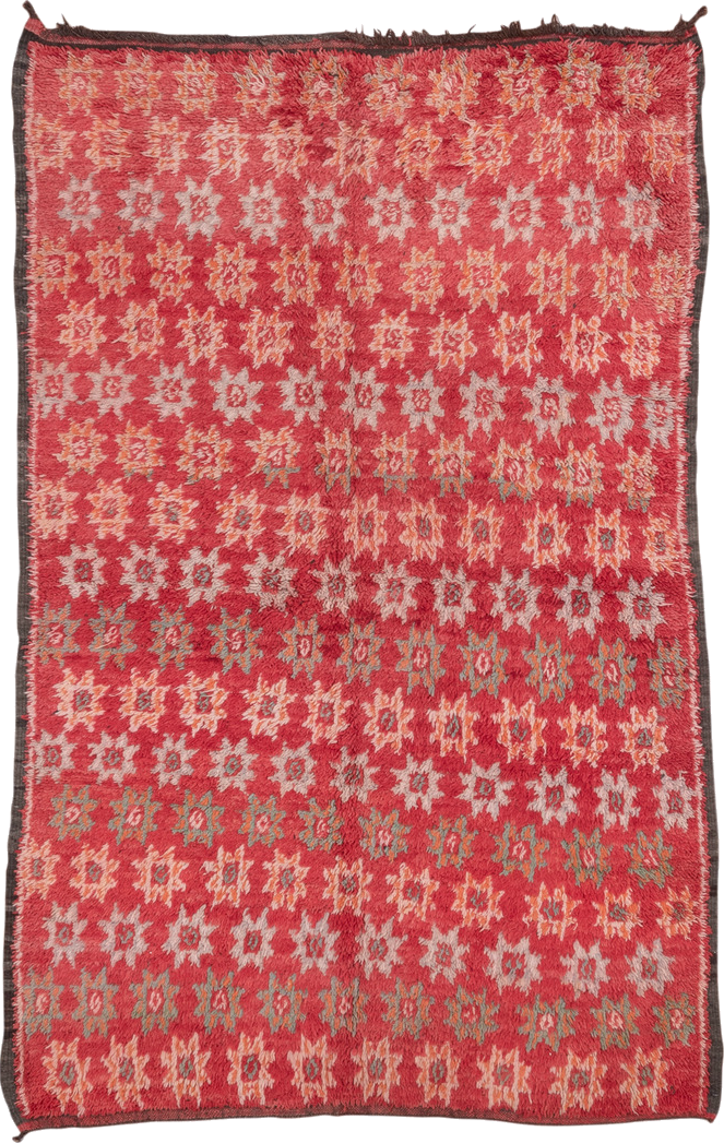 6' x 9' one-of-a-kind handmade vintage Moroccan medium size rug. Color palette: brown, burgundy, indian red, pink, red