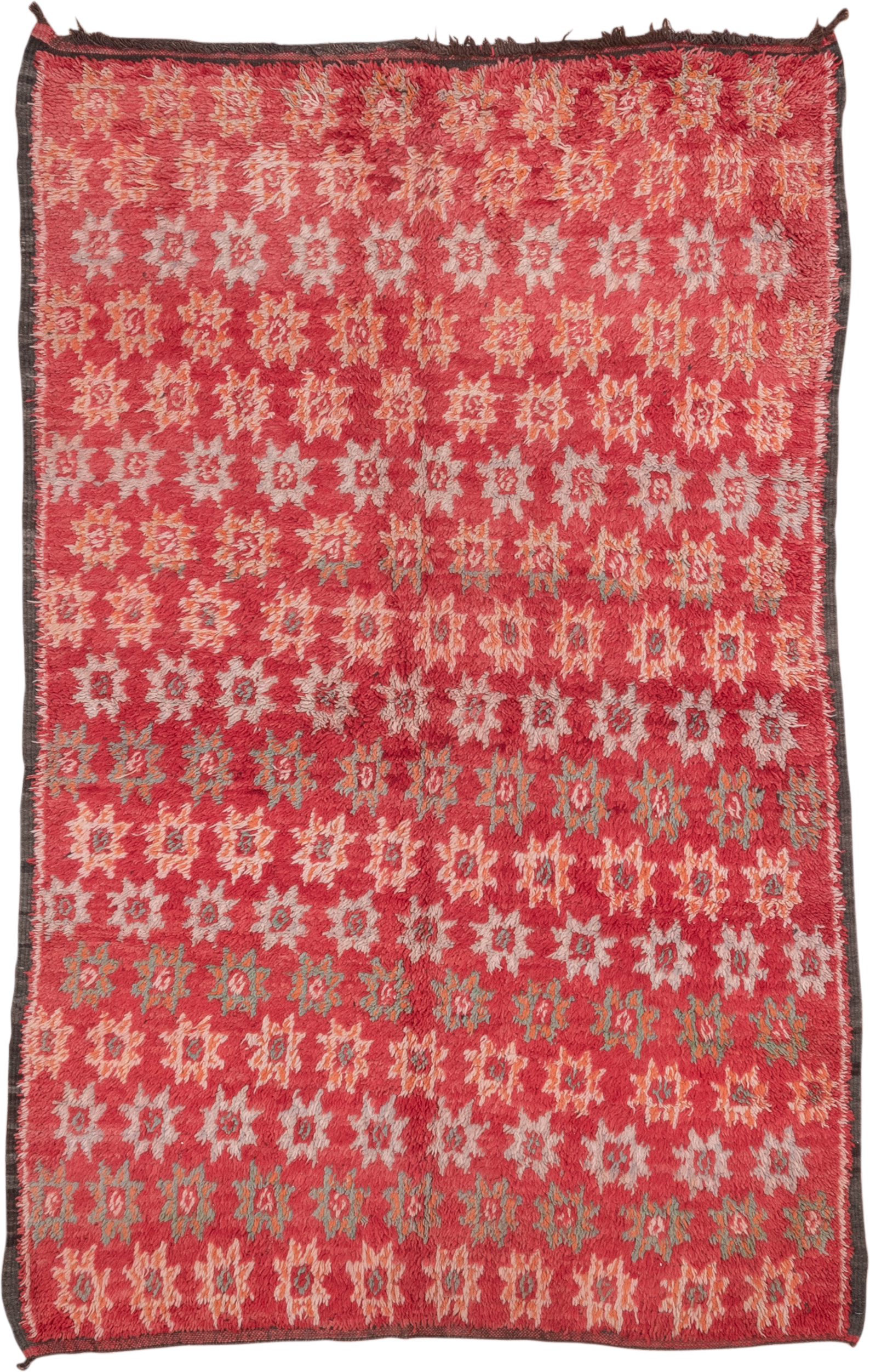 6' x 9' one-of-a-kind handmade vintage Moroccan medium size rug. Color palette: rose, coral, ivory, blush, charcoal, sage