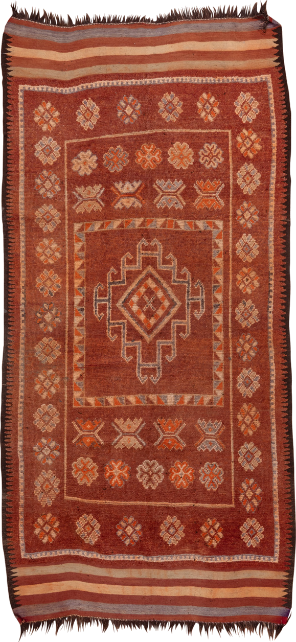 5' x 12' one-of-a-kind handmade vintage Moroccan rug. Color palette: brown, gray, pink
