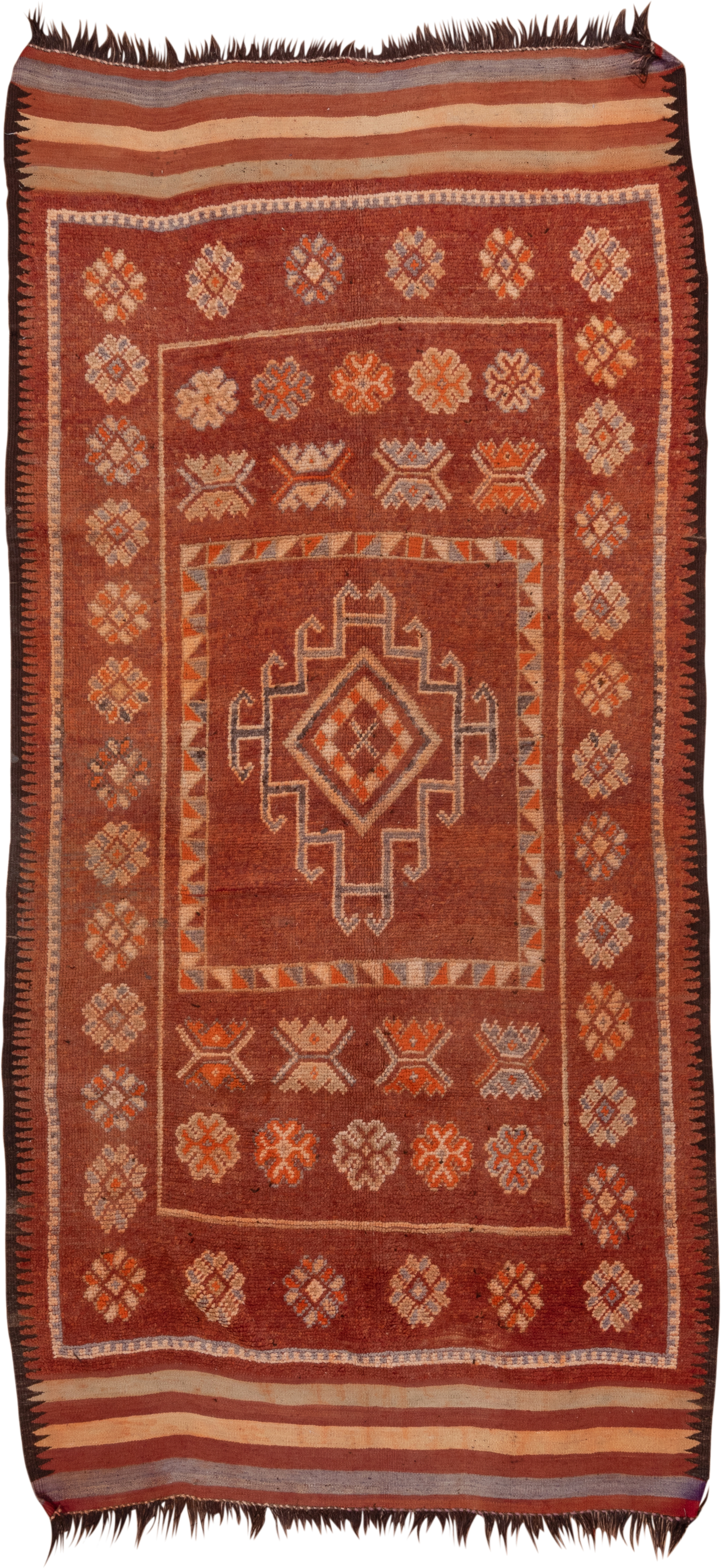 5' x 12' one-of-a-kind handmade vintage Moroccan rug. Color palette: rust, terra cotta, ivory, brown, camel, slate