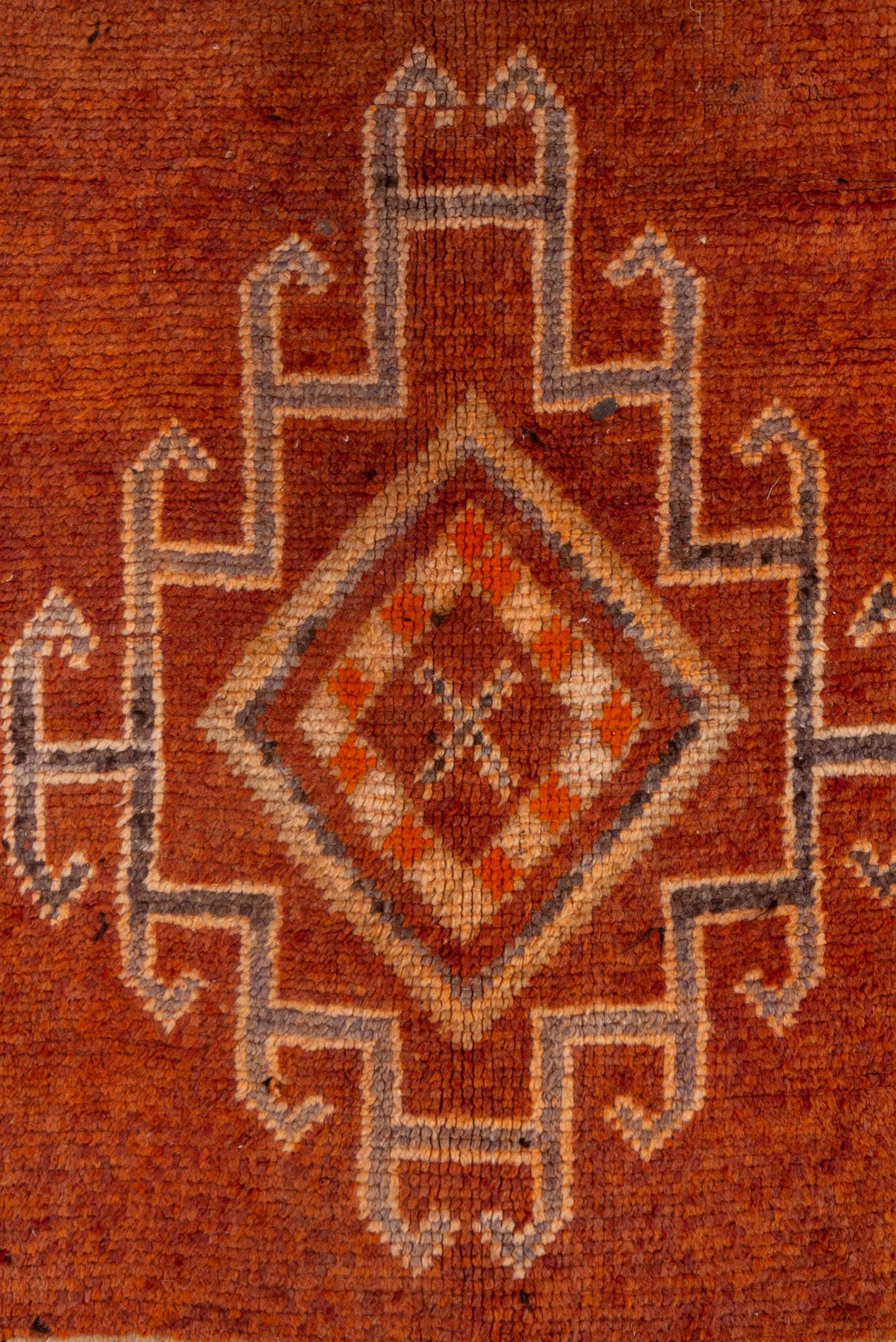 5' x 12' one-of-a-kind handmade vintage Moroccan rug. Color palette: rust, terra cotta, ivory, brown, camel, slate
