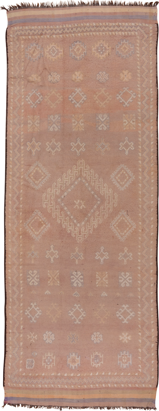6' x 16' one-of-a-kind handmade vintage Moroccan rug. Color palette: brown, gray, off-white, pink, snow, white, whitesmoke