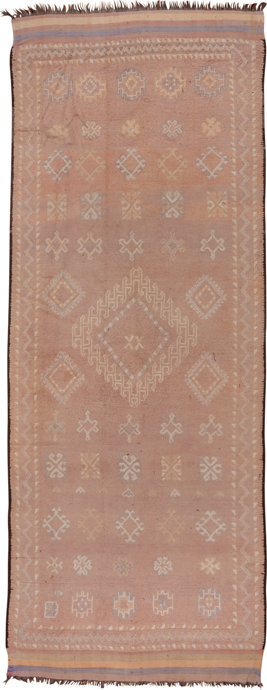 6' x 16' one-of-a-kind handmade vintage Moroccan rug. Color palette: dusty rose, blush, ivory, taupe, sand, lavender, brown