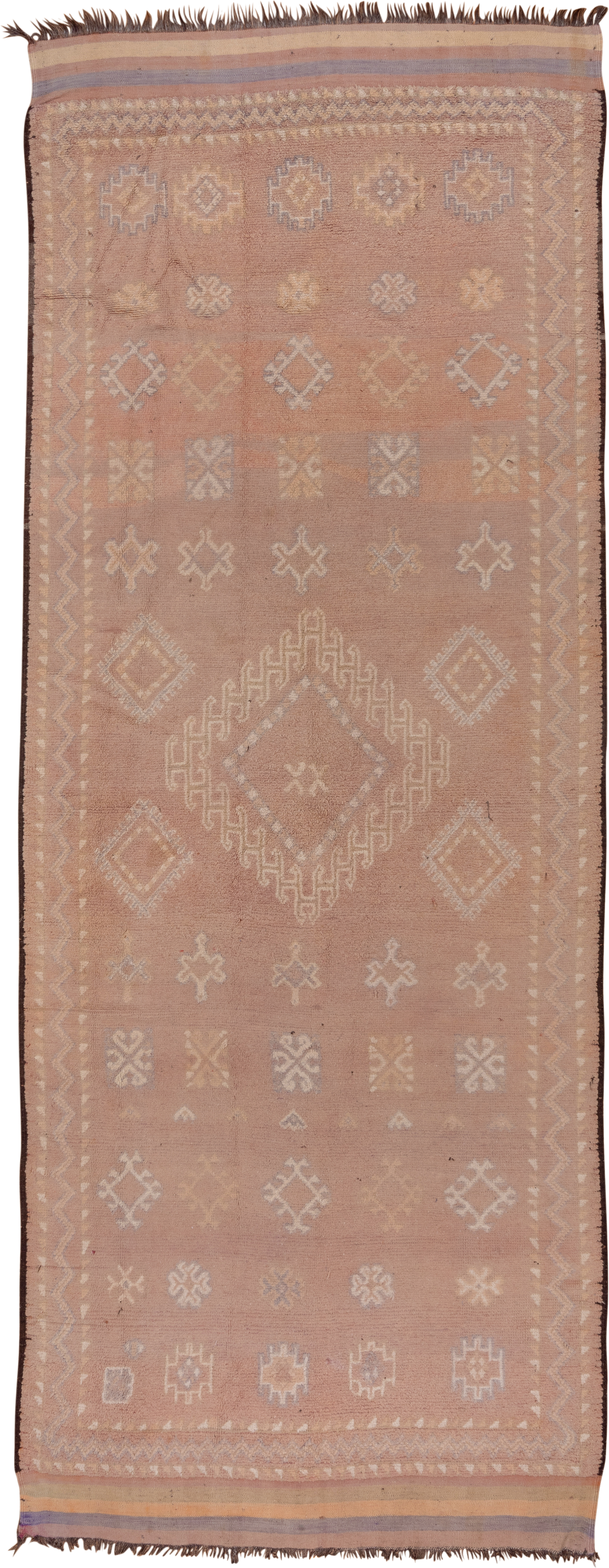 6' x 16' one-of-a-kind handmade vintage Moroccan rug. Color palette: dusty rose, blush, ivory, taupe, sand, lavender, brown
