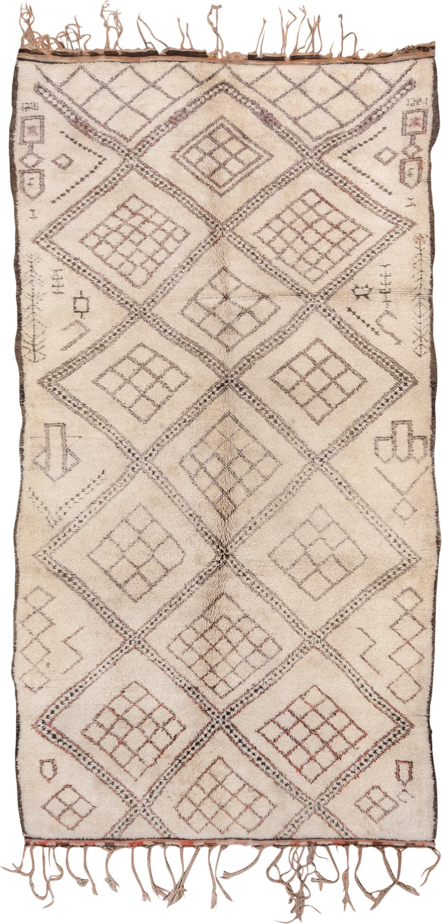 6' x 12' one-of-a-kind handmade vintage Moroccan large size rug. Color palette: ivory, charcoal, taupe, rust, brown, gray