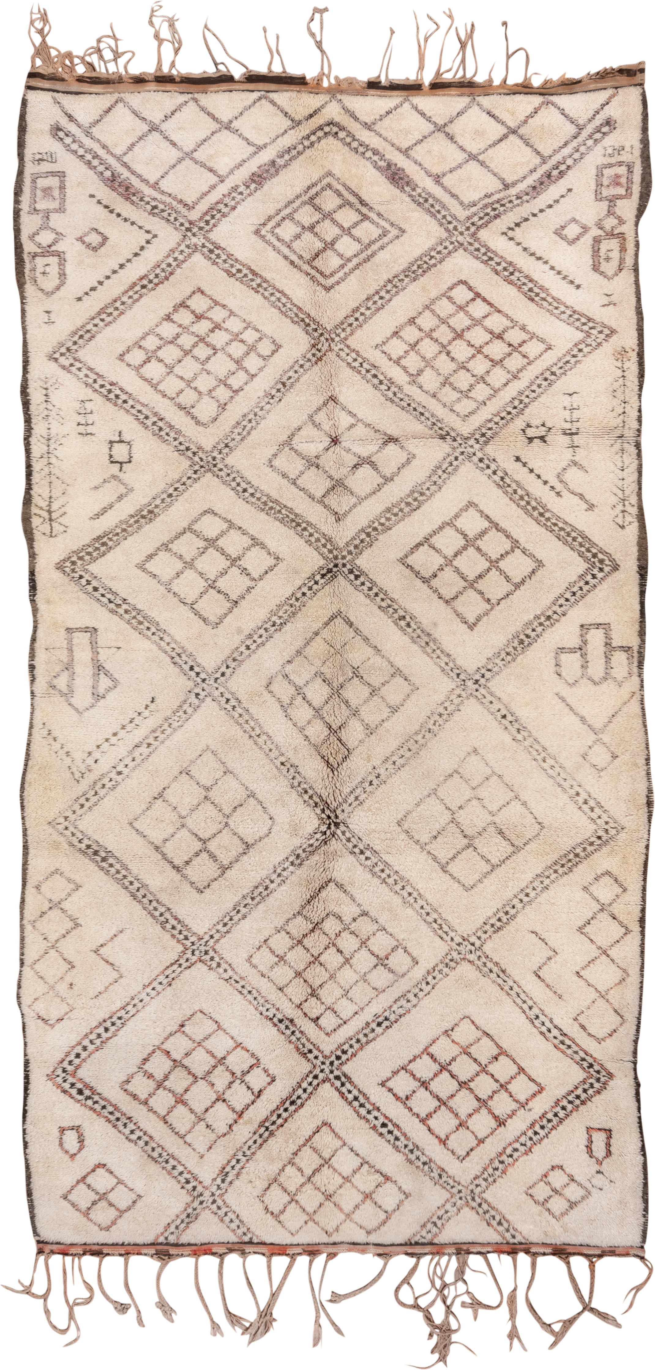 6' x 12' one-of-a-kind handmade vintage Moroccan large size rug. Color palette: ivory, charcoal, taupe, rust, brown, gray