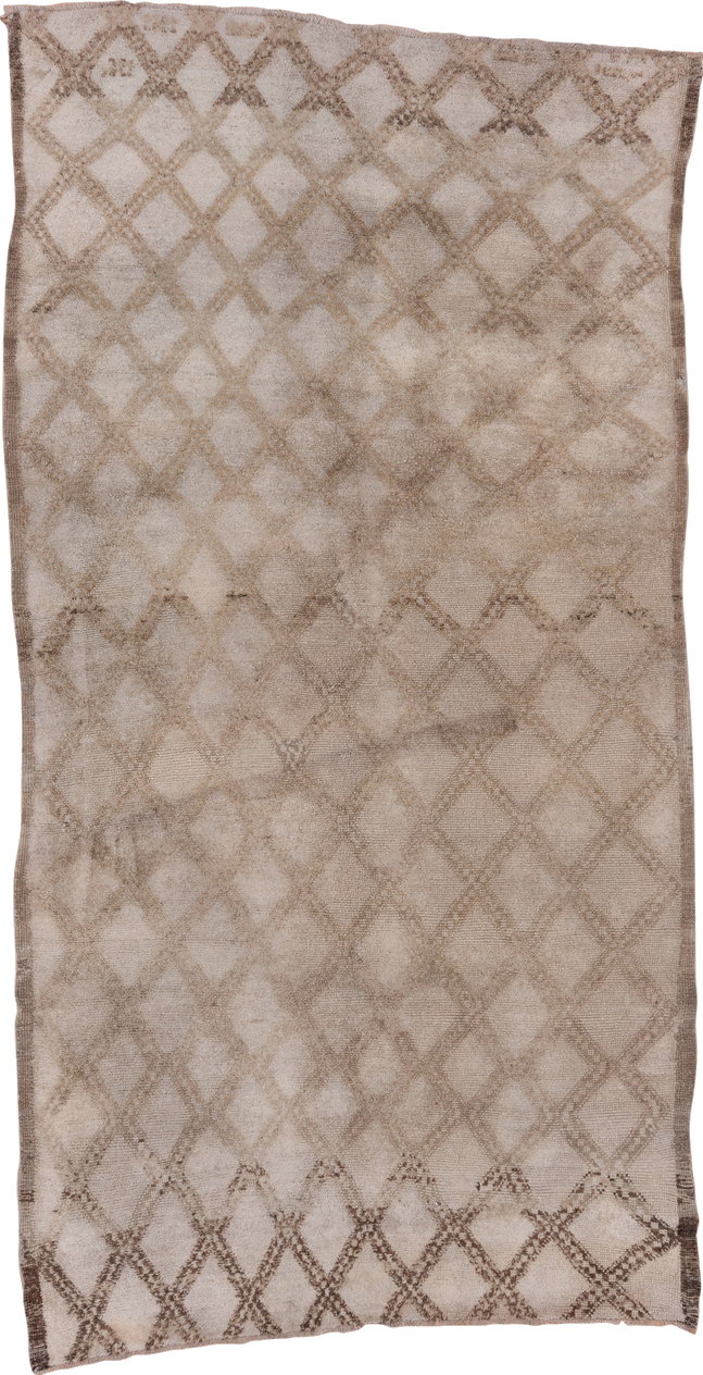 6' x 12' one-of-a-kind handmade vintage Moroccan large size rug. Color palette: brown, gray, light gray, off-white, pink