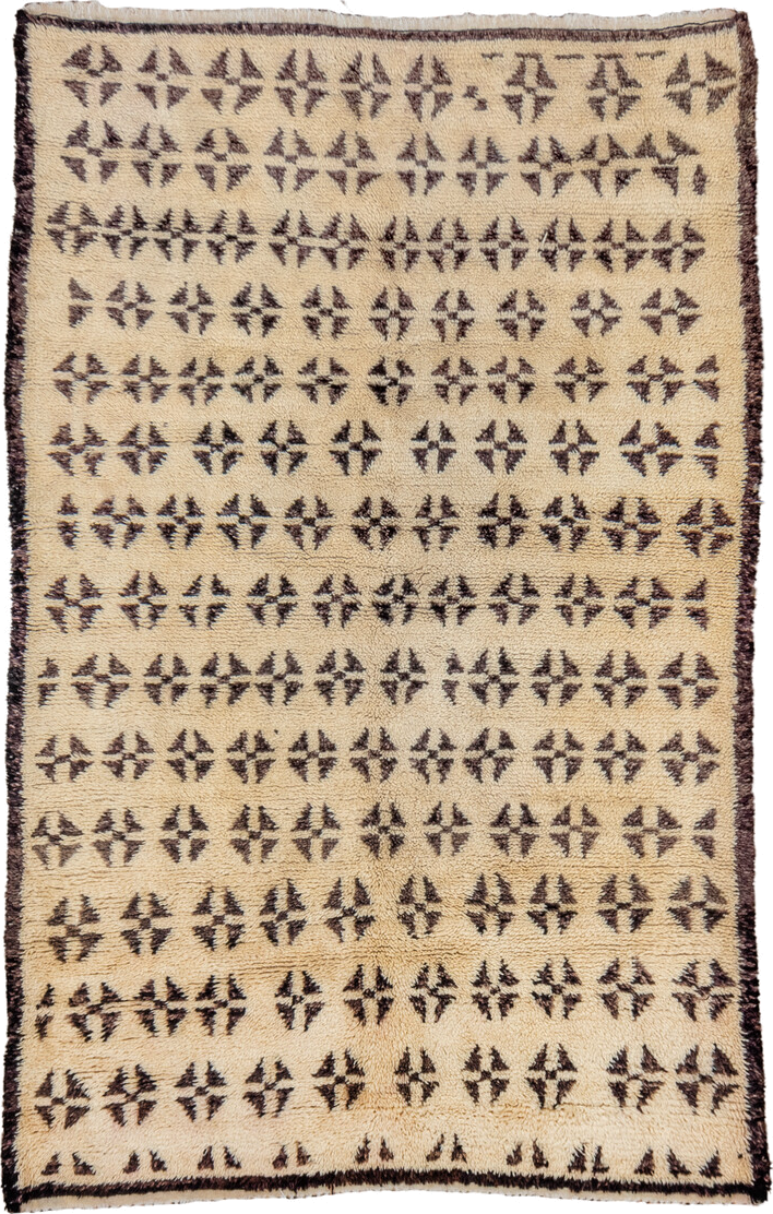 5' x 8' one-of-a-kind handmade vintage Moroccan medium size rug. Color palette: ivory, dark brown, espresso, brown, black
