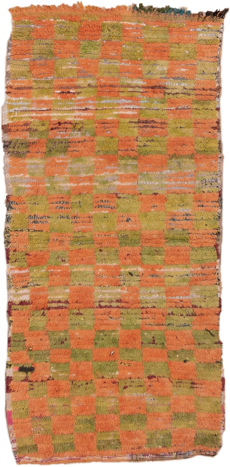 2' x 6' one-of-a-kind handmade vintage Moroccan runner rug. Color palette: terra cotta, olive, peach, ivory, burgundy