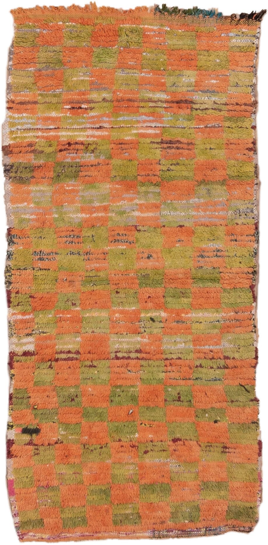 2' x 6' one-of-a-kind handmade vintage Moroccan runner rug. Color palette: terra cotta, olive, peach, ivory, burgundy