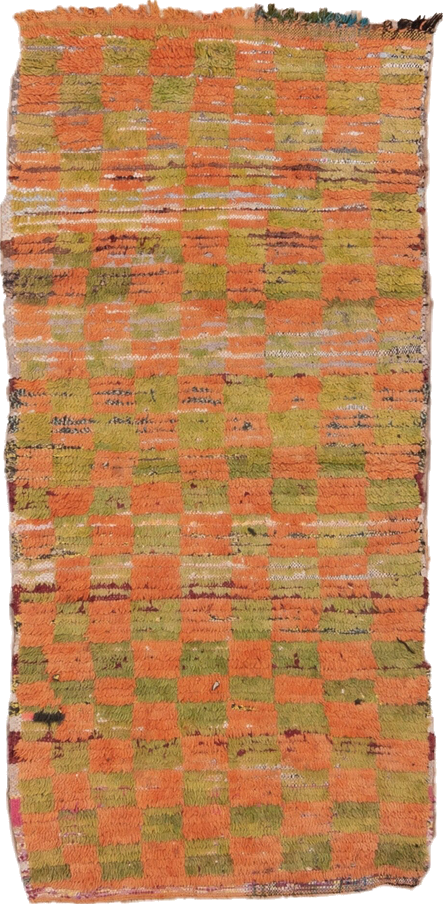 2' x 6' one-of-a-kind handmade vintage Moroccan runner rug. Color palette: brown, gray, light gray, off-white, orange, pink