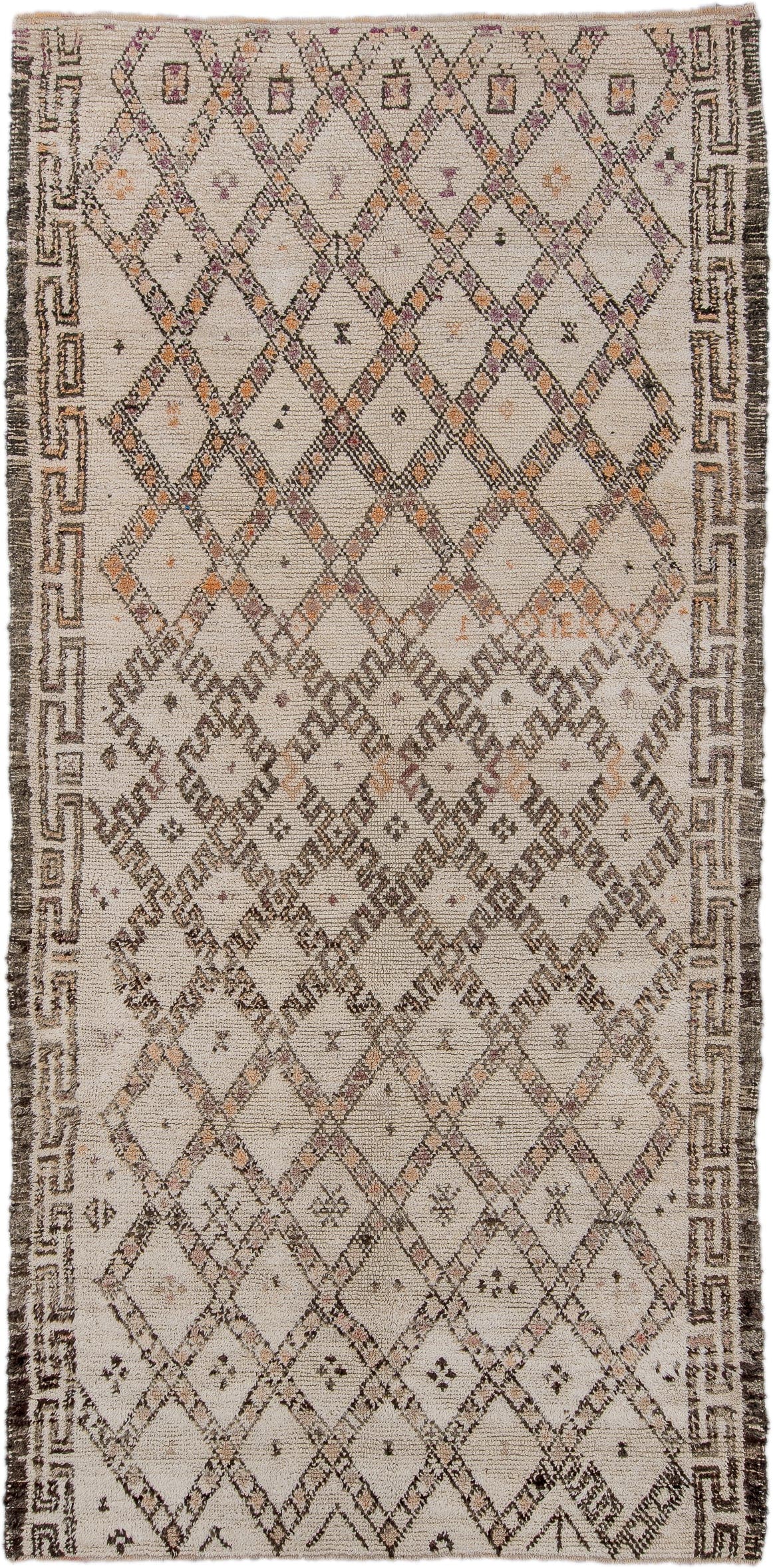 5' x 11' one-of-a-kind handmade vintage Moroccan rug. Color palette: ivory, brown, taupe, blush, peach, charcoal, beige