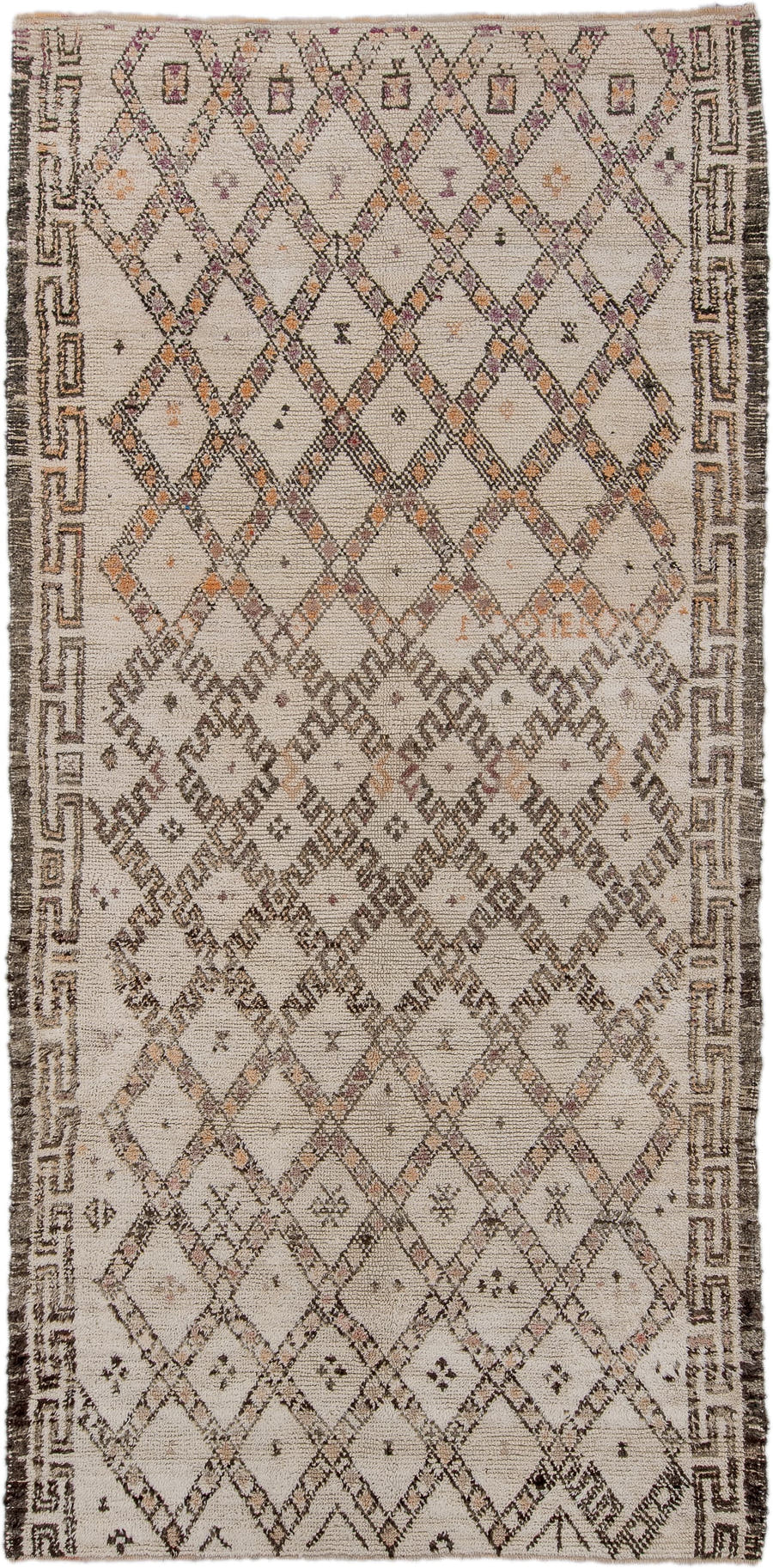 5' x 11' one-of-a-kind handmade vintage Moroccan rug. Color palette: ivory, brown, taupe, blush, peach, charcoal, beige