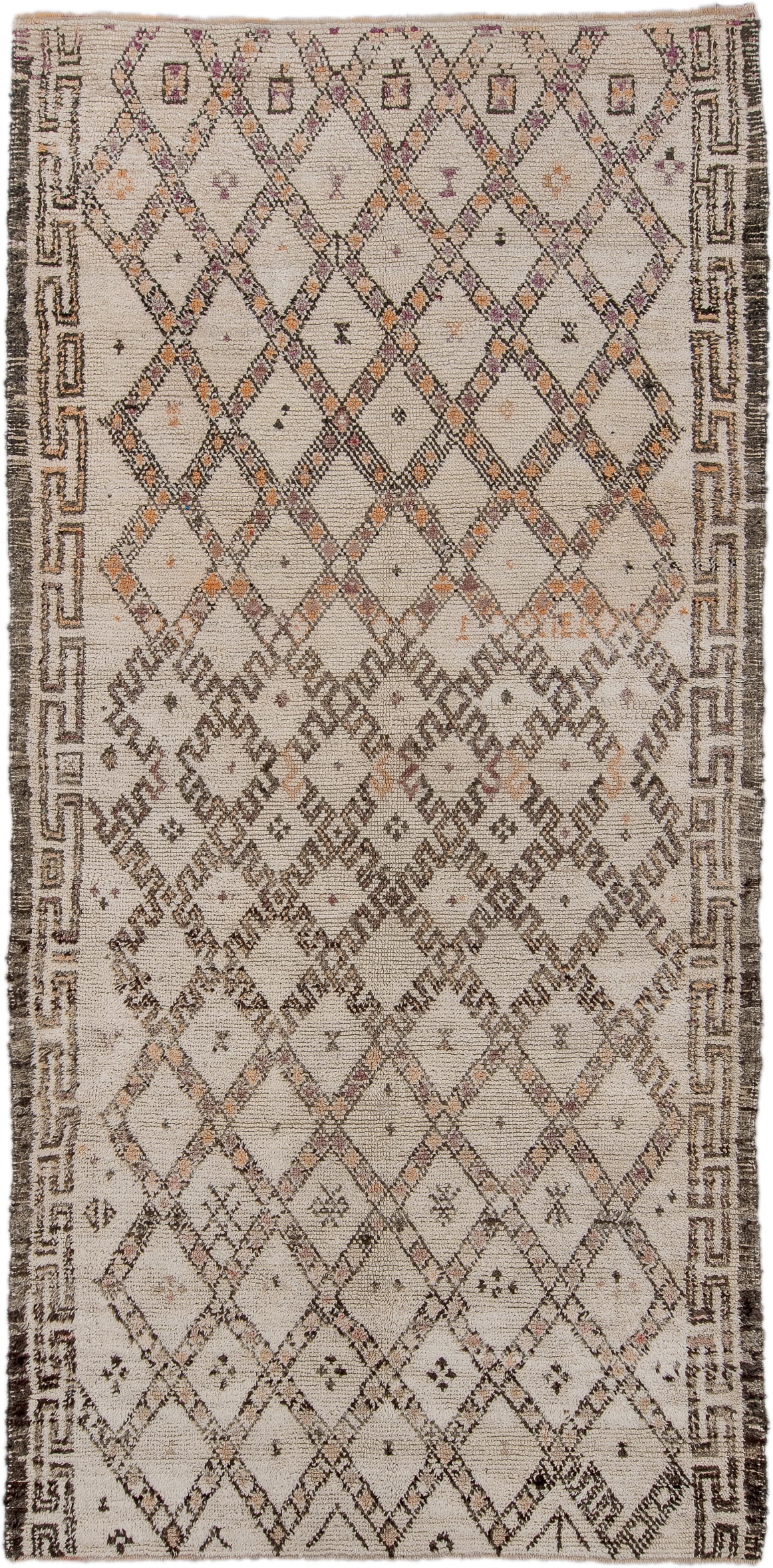 5' x 11' one-of-a-kind handmade vintage Moroccan rug. Color palette: ivory, brown, taupe, blush, peach, charcoal, beige