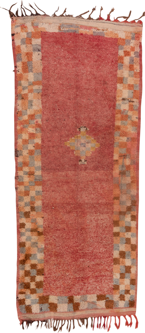 3' x 9' one-of-a-kind handmade vintage Moroccan runner rug. Color palette: rose, ivory, camel, slate, rust, brown, pink, red
