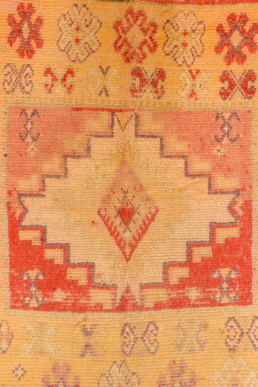 5' x 9' one-of-a-kind handmade vintage Moroccan medium size rug. Color palette: camel, rust, ivory, gold, slate, terra cotta